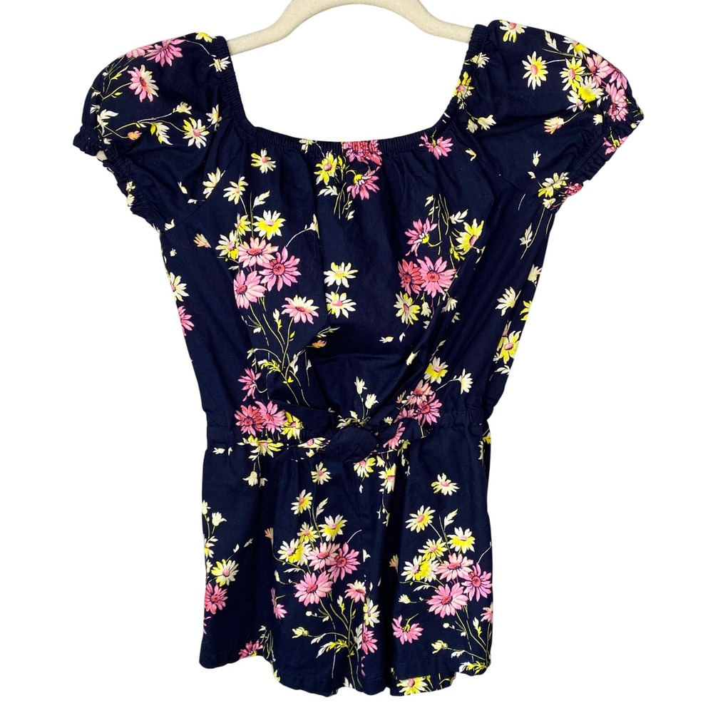Gap Kids Girls Navy Blue Pink Yellow Daisy Floral Romper Size 6-7 Pocket & Tie